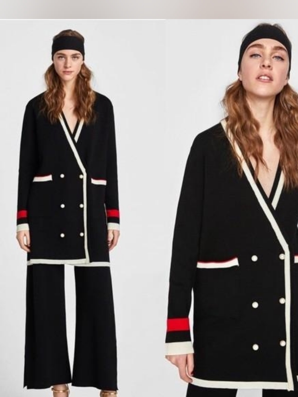 Zara Knit Long Cardigan Jacket Flare Pants Set Pearl Buttons Black L